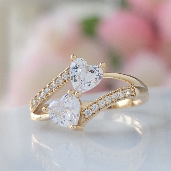 Double heart ring, 925 Sterling Silver with 10k gold finish - Picture 3 of 5